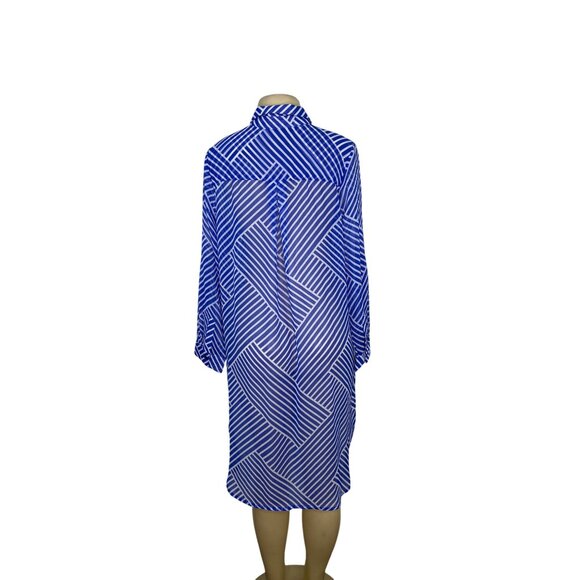 Jessica London Womens Blue & White Geometric Striped See-Through Shirt Dress Sz - Picture 3 of 6